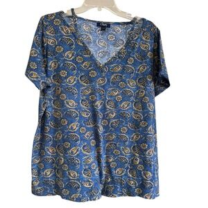 Chaps Denim Womens Plus Size 2X Blue Gold Paisley Floral V-Neck Short Sleeve Top
